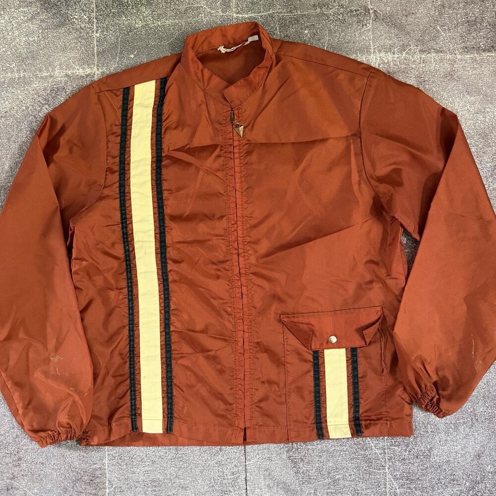 Men's Vintage 60's Shanhouse Burnt Orange Racing Stripes Windbreaker Jacket Sz M